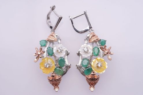 Серьги , серебро 925пробы, изумруды, фианиты
